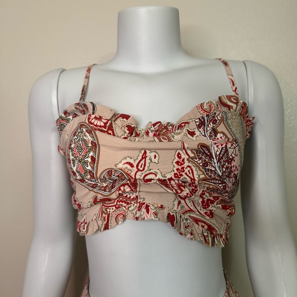 Pink multi color ruffled crop top asymmetrical ruffled hem skirt set - Picture 3 of 10